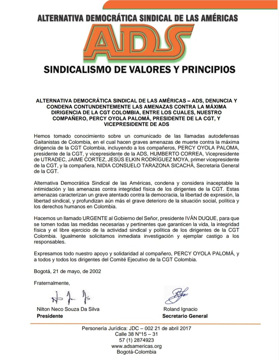 ADS_Americas's tweet photo. ADS denuncia y condena contundentemente las amenazas 
contra la máxima dirigencia de la @CGTCol entre los cuales está nuestro compañero @poyolap Percy Oyola Palomá, presidente de la CGT y vicepresidente de la ADS. 
Toda nuestra solidaridad y apoyo para nuestros compañeros. https://t.co/mcE40fYFwV