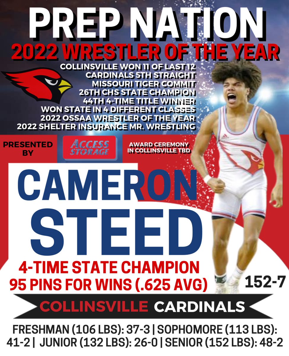 #OKPrepShoutOut: to Cameron 
Steed, our 2022 Prep Nation Wrestler 
of the Year! Steed is Oklahoma's
44th 4-Time State Wrestling Champ.

<a href="/Cville_Wrestlin/">Cardinal Wrestling</a>  Record: 152-7
Freshman 106 lbs): 37-3
Sophomore 113 lbs: 41-2
Junior 132 lbs): 26-0 
Senior 152 lbs: 48-2

Award Ceremony TBA