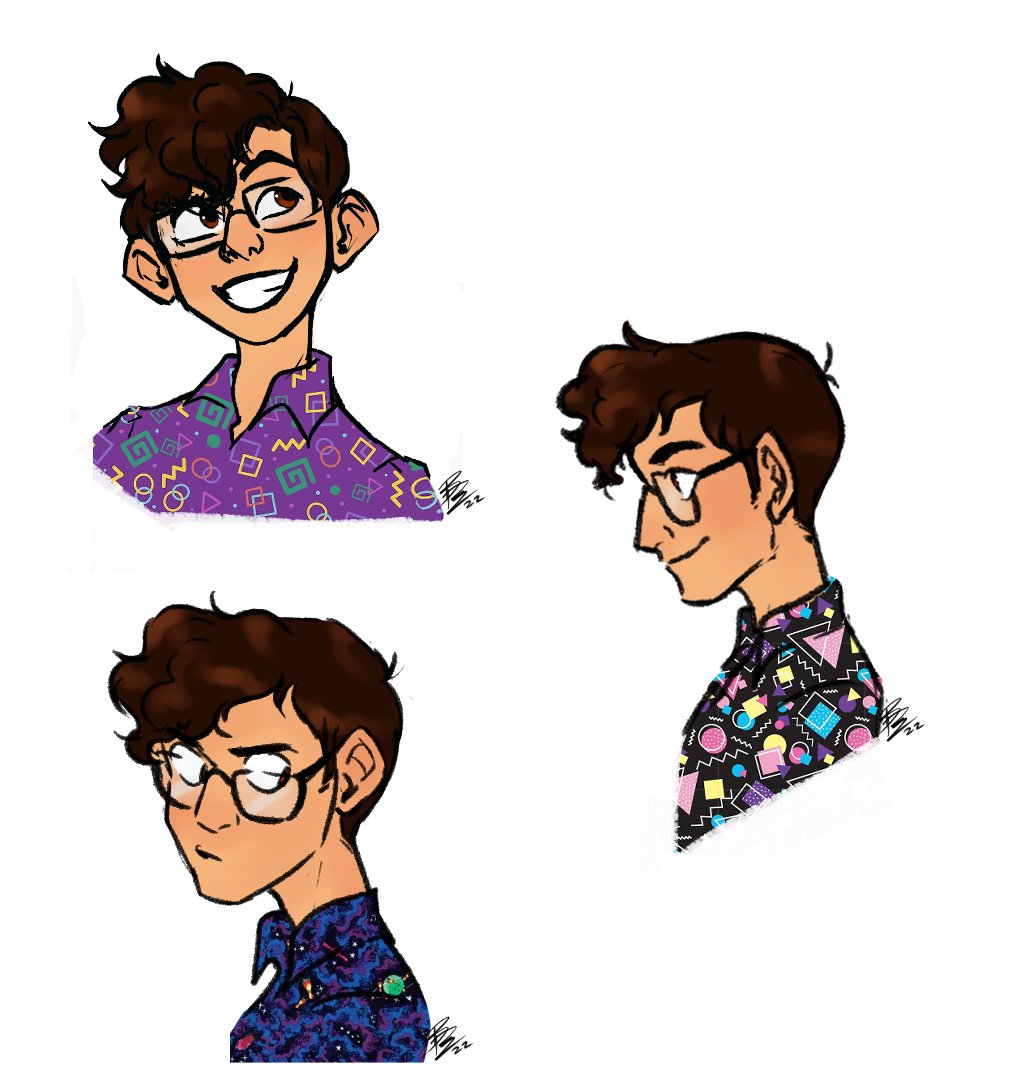 bonkalore's tweet photo. Just some Diltons I've drawn recently. Was wondering if I wanted to have more curl to his hair (somehow all of them keep ending up with wavier/curlier hair lol). Also those are absolutely patterns from bowling alley carpets. It's a look. #DiltonDoiley #KaiJug https://t.co/sb5edOjEAg
