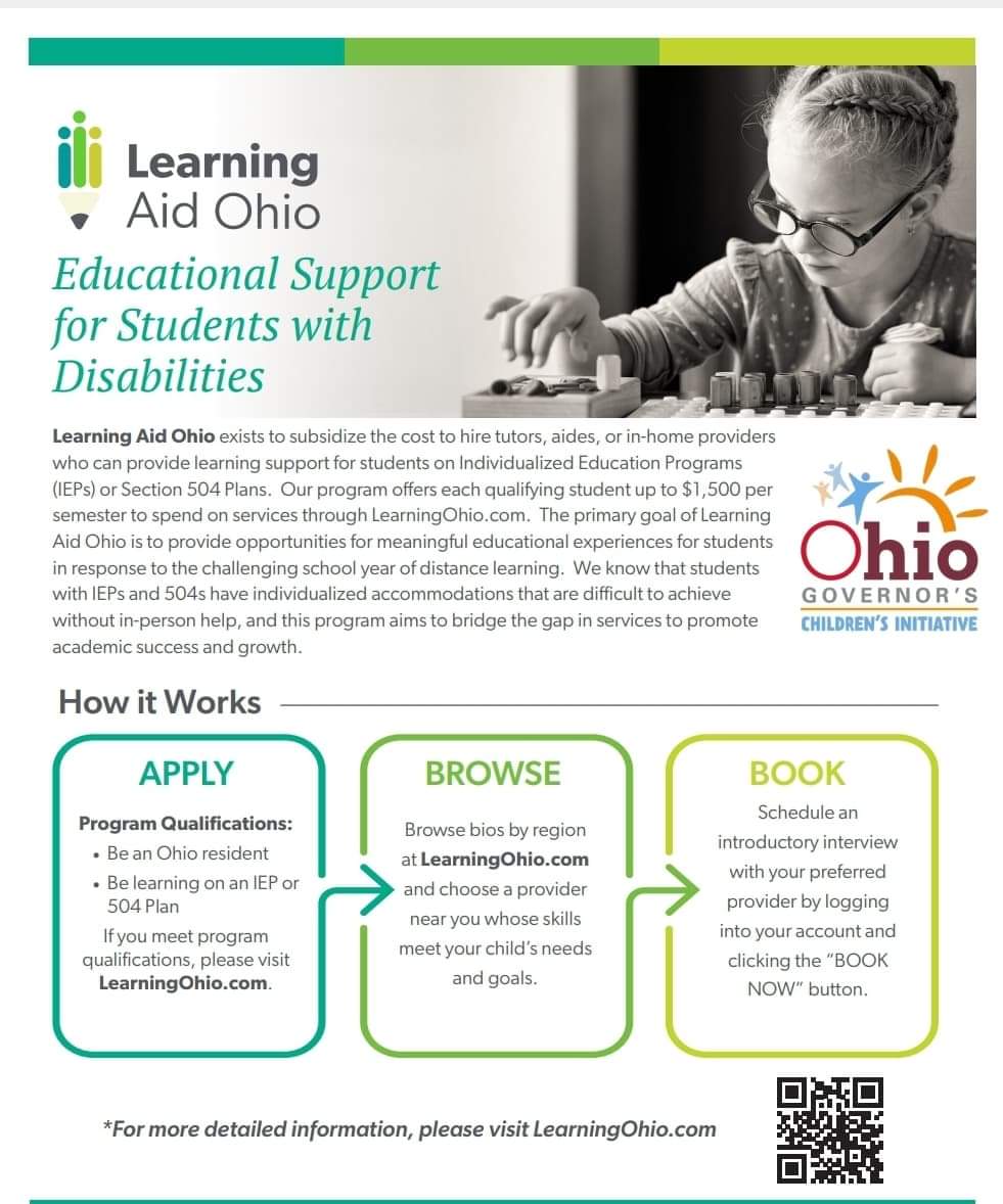 Do you have a child, in Ohio, on a 504 or an IEP? There is grant money available for tutoring as part of the Covid recovery initiative. Apply now for extra services this summer. 
Teacher friends, you can apply to be a tutor for the summer.
#ParentMentorsRock
#MiddieRising