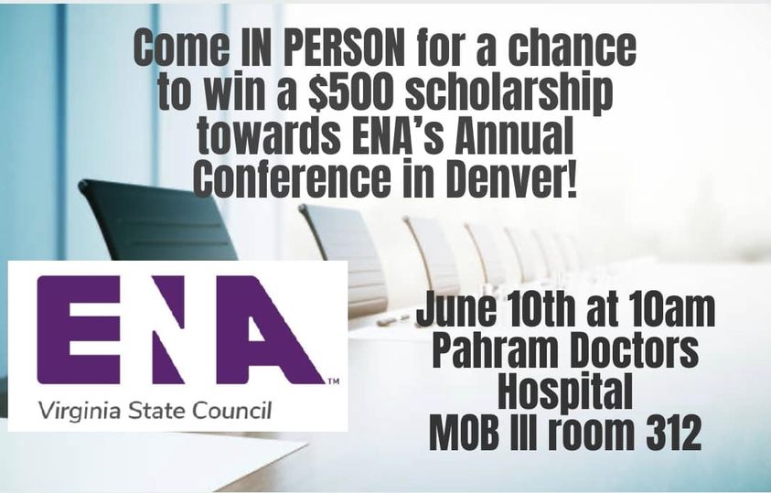 VirginiaENA's tweet photo. Our next meeting is June 10th in Richmond! Join in person or via zoom. Come IN PERSON for a chance to win a $500 scholarship towards ENA’s Annual Conference in Denver Sept 30-Oct 3. We hope to see you there! #VENA #ENA #EN22 https://t.co/nZbxS167vb