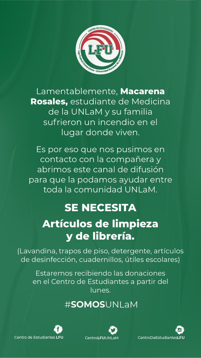 CentroLFUUNLAM's tweet photo. ¡Difundir por favor!

Una compañera de Medicina necesita la ayuda de la comunidad UNLaM debido a que sufrió un incendio en su hogar. https://t.co/ZQue0U7Z44
