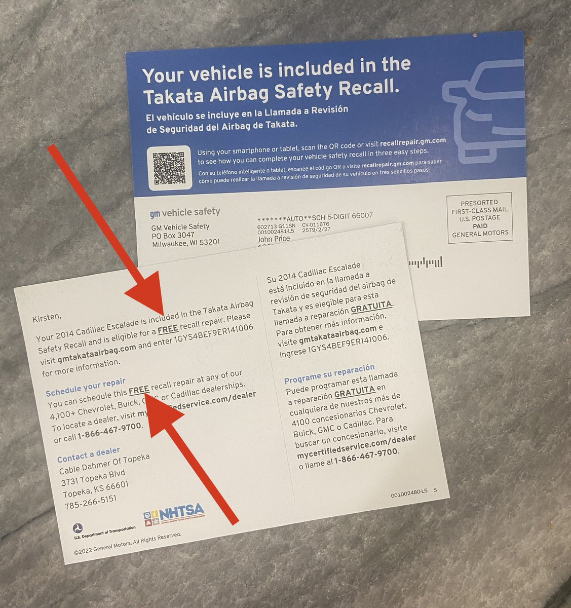 NanaKPrice's tweet photo. We’ve got 2 vehicles that are part of the @GM airbag recall but when we call our dealer to schedule we’re told there’s a chance our dashboard can crack/break and that repair would be on us. How is this “free” if we might have out of pocket expenses for YOUR defect? Big fat fail! https://t.co/4Jm47fPH98