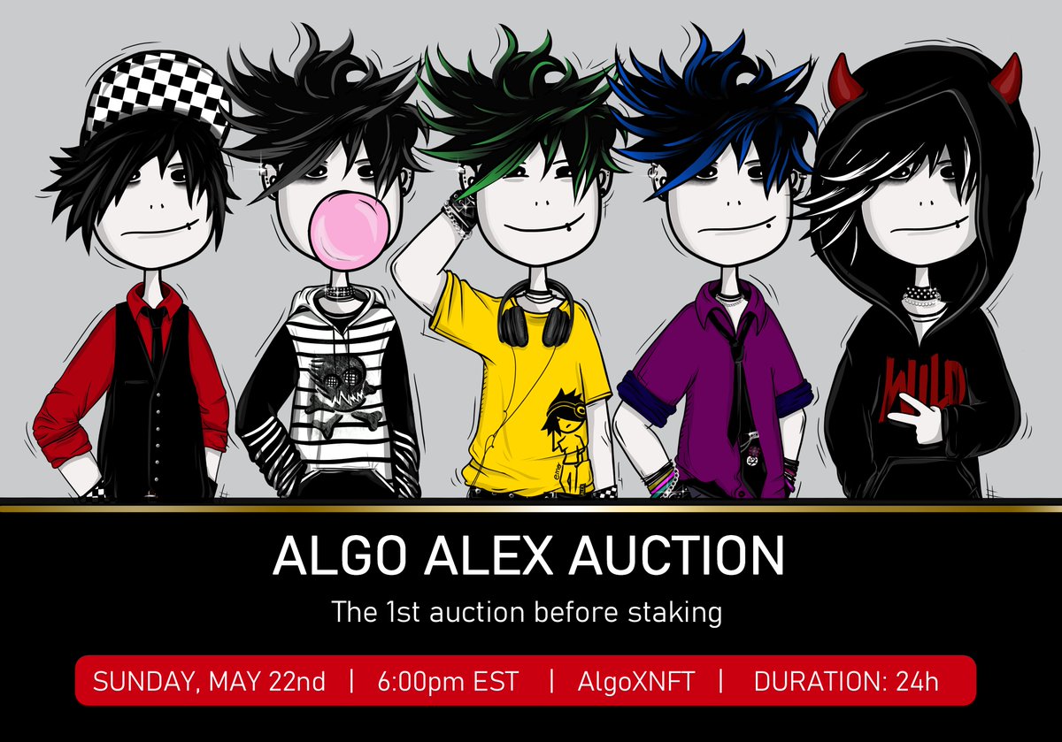 The 1st auction before staking will take place this Sunday, May 22nd at 6pm EST. It will be a 24h auction on AlgoxNFT. Our rewards for staking include free Alexes, custom pieces, free NFTs from the 2nd gen. and more! Hope you'll join our fam! 🤗✨
#algofam #algoNFTs #AlgorandNFTs