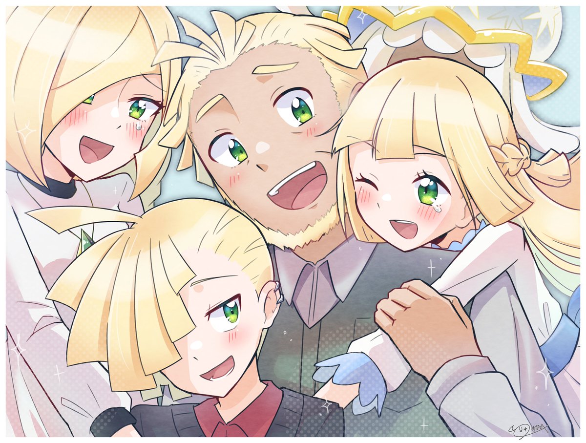 gladion (pokemon) ,lillie (pokemon) multiple boys 2girls green eyes blonde hair multiple girls open mouth shirt  illustration images