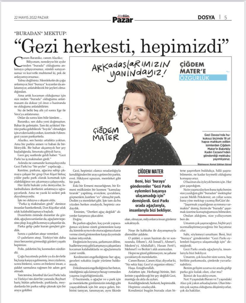 muratutku's tweet photo. Birgün Gazetesi’nde Çiğdem’den Alaz’a ve Baran’a  mektup var. #ÇiğdemMatereÖzgürlük   https://t.co/12BNdQNBbV https://t.co/AWVlsI7YeX