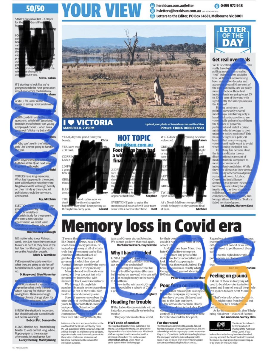 Raf_Epstein's tweet image. How Melb votes vs 

@theheraldsun letters on election day

(Letters with blue are anti Teal or anti Labour. Orange are pro teal/ALP. Blacked out are about the footy)