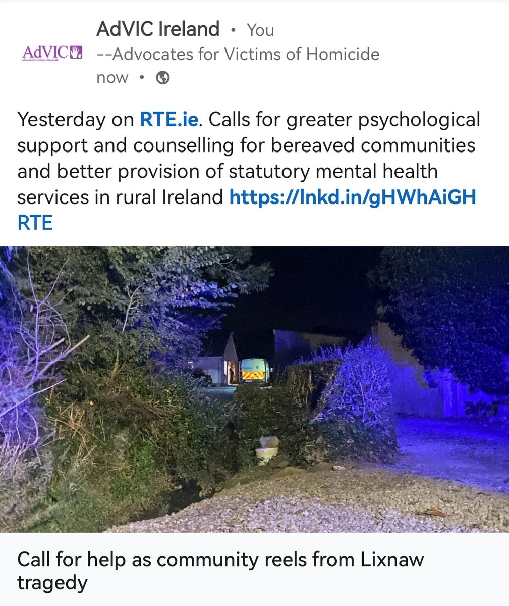 Yesterday on RTE.ie. Calls for greater psychological support and counselling for bereaved communities and better provision of statutory mental health services in rural Ireland <a href="/rte/">RTÉ</a> rte.ie/news/ireland/2…