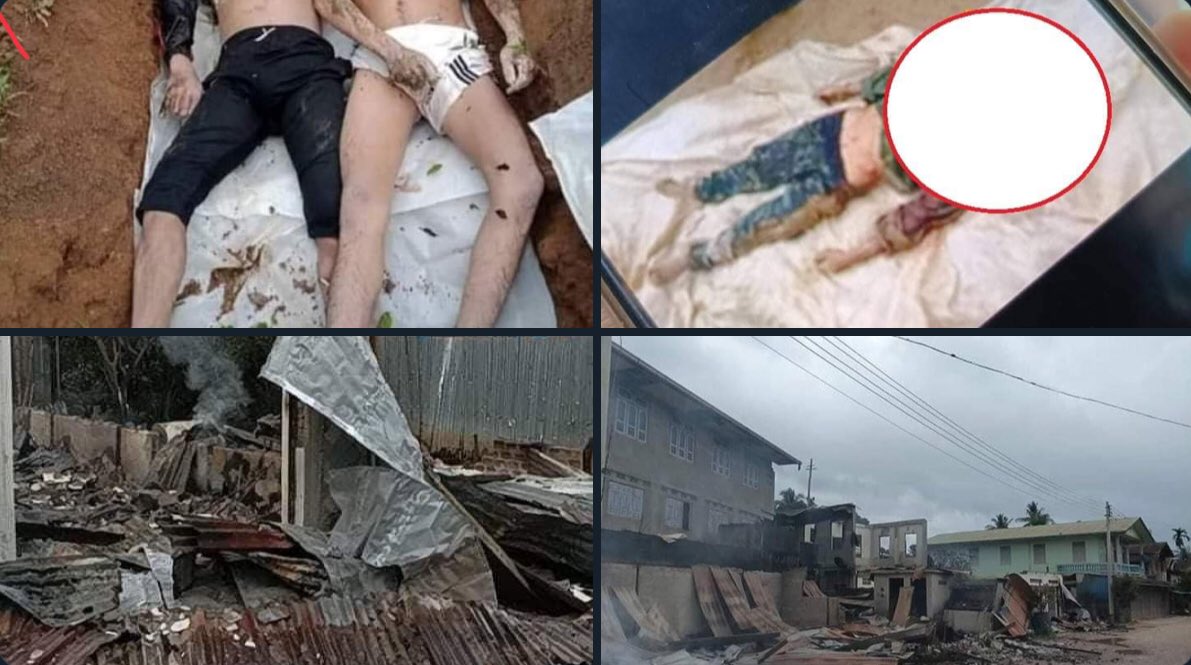 Tw // Death 
A 10 yo mentally-ill child &amp; a villager were shot dead by Junta Soldiers in Taku Tikenal between May 20 &amp; 21. 3 people from Tharabwin vlg were shot dead—one was brutally beheaded. #KeepInEscrowAccount 
#WhatsHappeningInMyanmar
#2022May22Coup