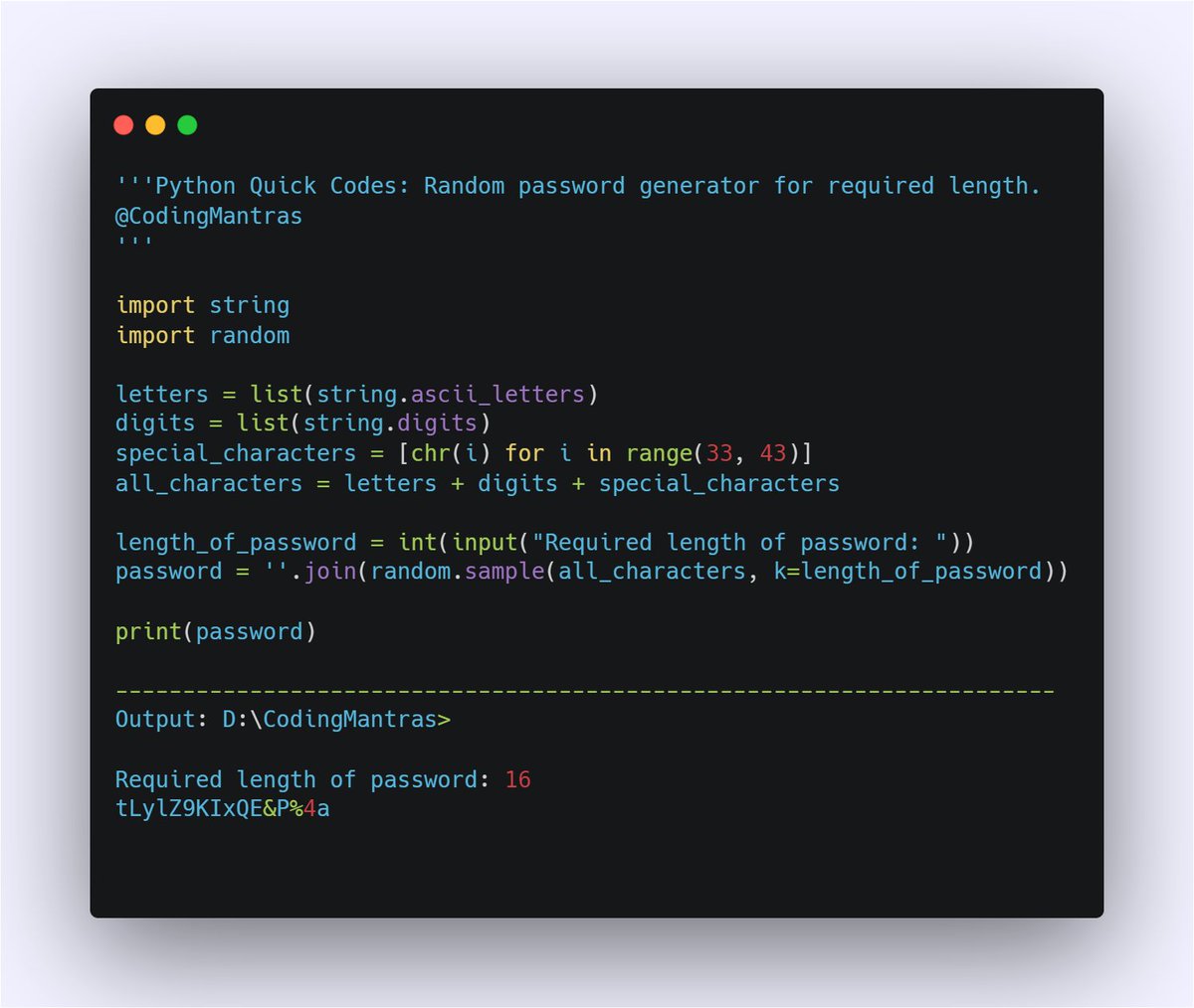 rs_punia_'s tweet image. #Python Quick Codes: Random password generator for required length.
#pythonprogram #pythoncoding #pythonprogramming #pythoncode #100daysofcode #pythonprojects #pythondeveloper #python3 #DataScience #programming