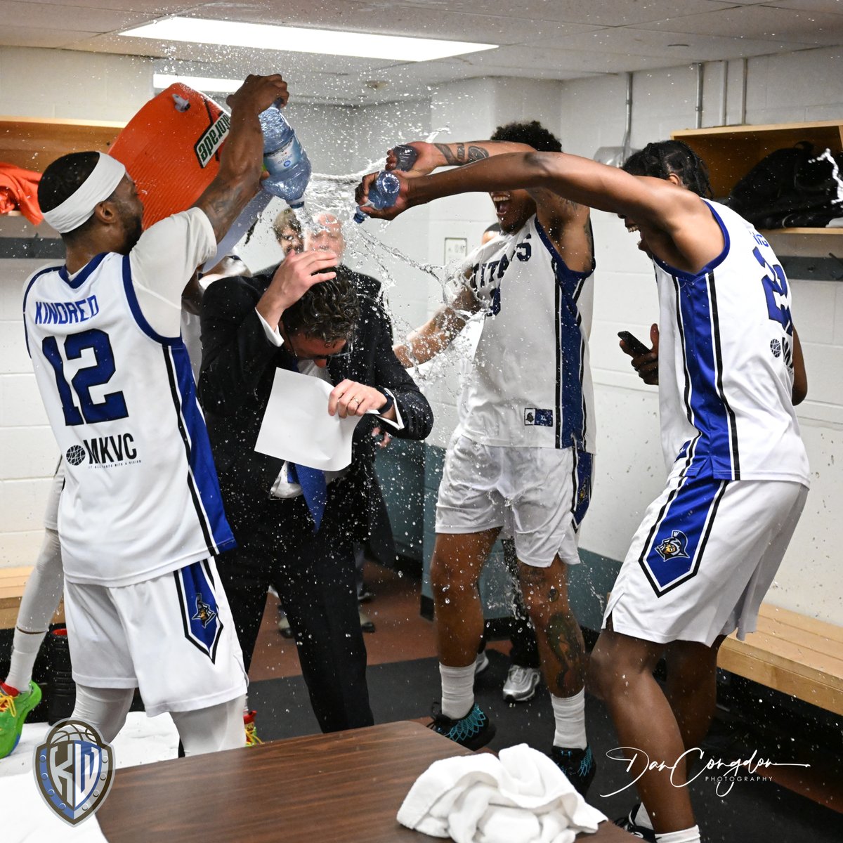 And this is what "Championship Bound" looks like:

Coach Neil Foreman (<a href="/coachforeman/">Neal Foreman</a>) got an early shower from the team as the Titans advance the <a href="/NBLCanada/">National Basketball League of Canada</a> finals for the first time.

📷 <a href="/dancongdon/">Dan Congdon</a>