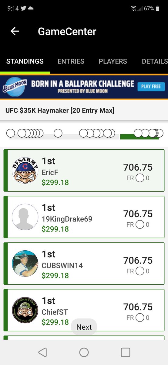 Solid night in MMA. Tied with 43 others in $4 2 0-max. Including fellow @DFSArmy coach @ffootballgeek!!