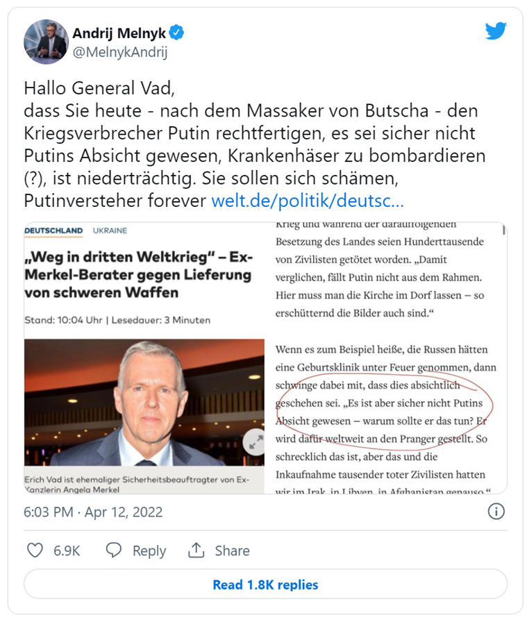 One talking head is ex general and former Merkel advisor Erich Vad.Vad claimed Putin isn't responsible for Bucha, German heavy weapons means WWIII, Russia has gigantic capabilities.The usual pro Putin maneuver: sabotaging a Ukrainian victory and any embarrassment for Putin.