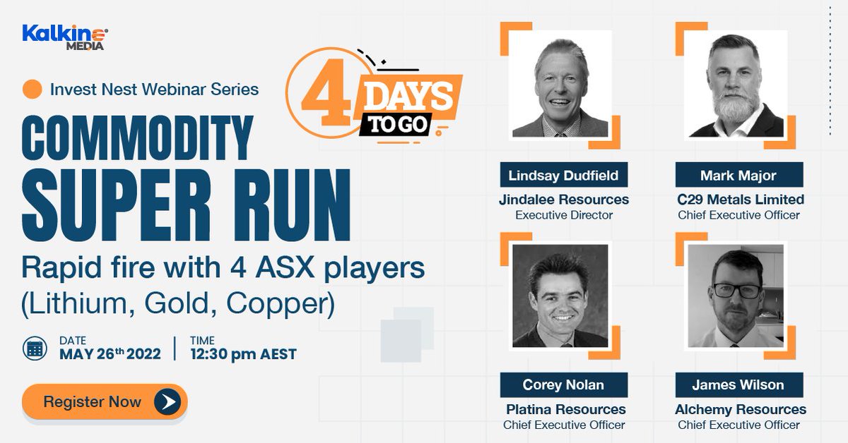 #4DaysLeft
COMMODITY SUPER RUN | RAPID FIRE WITH 4 ASX PLAYERS

Get insights from ASX Listed resource players and valued clients of Kalkine Media 

Sign up and register now: https://t.co/DNq8guN4Jo 

#InvestNest #CommoditySuperRun #RapidFire #webinar #kalkinemedia https://t.co/yR1yNlLwUp
