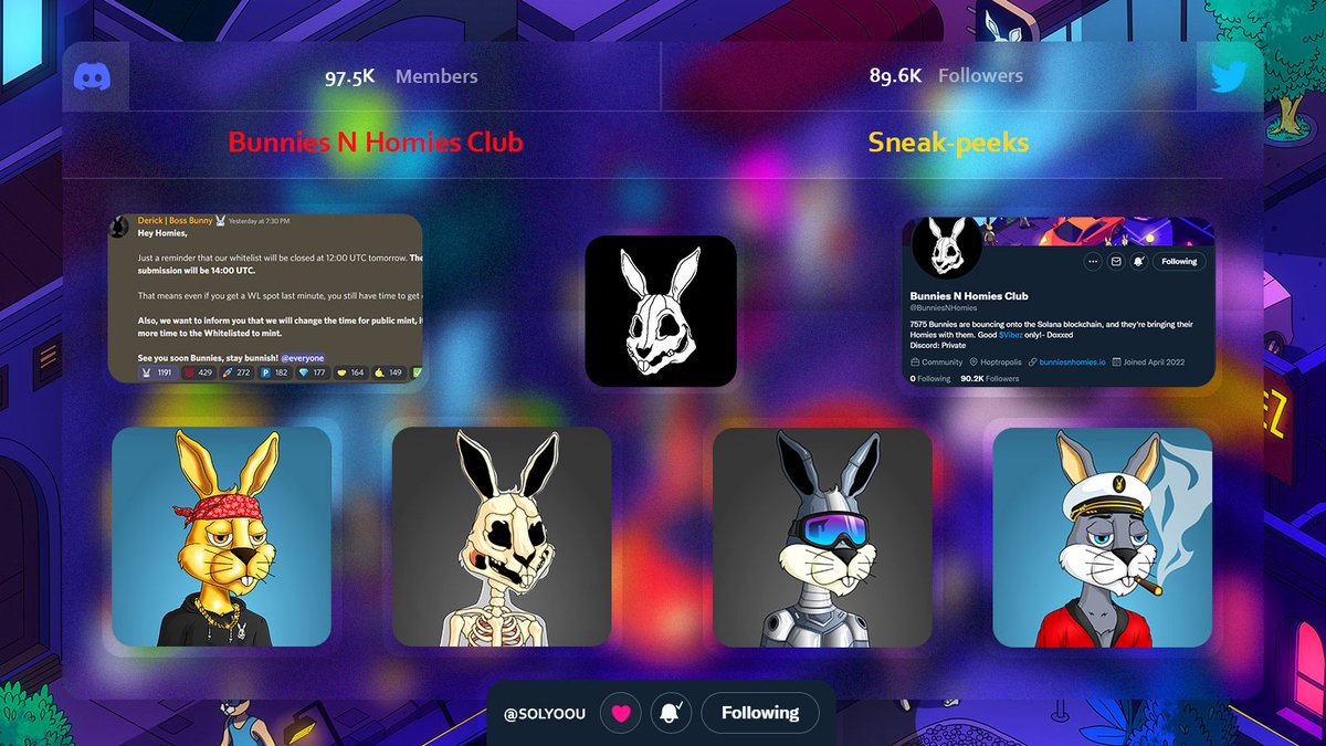 SOLYOOU's tweet photo. #SOLYOU REMINDER ⏰
Sneak-peeks 👀
Bunnies N Homies Club : @BunniesNHomies
See you in Hoptropolis... 🥕
#realartist #NFT #NFTCommumity #solananft #SolanaNFT #NFT #NFTCommunity #NFTartist #nftart #NFTdrop #SOL $Vibez https://t.co/7vjEJz0Ti9