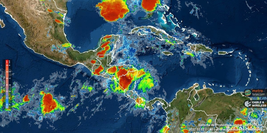 Imagen actualizada de satélite GOES-16 (banda infrarroja) para Centroamérica y el Caribe 22-05-2022 02:35UTC - animaciones completas en: servir.net - #CATHALAC #meteo #clima