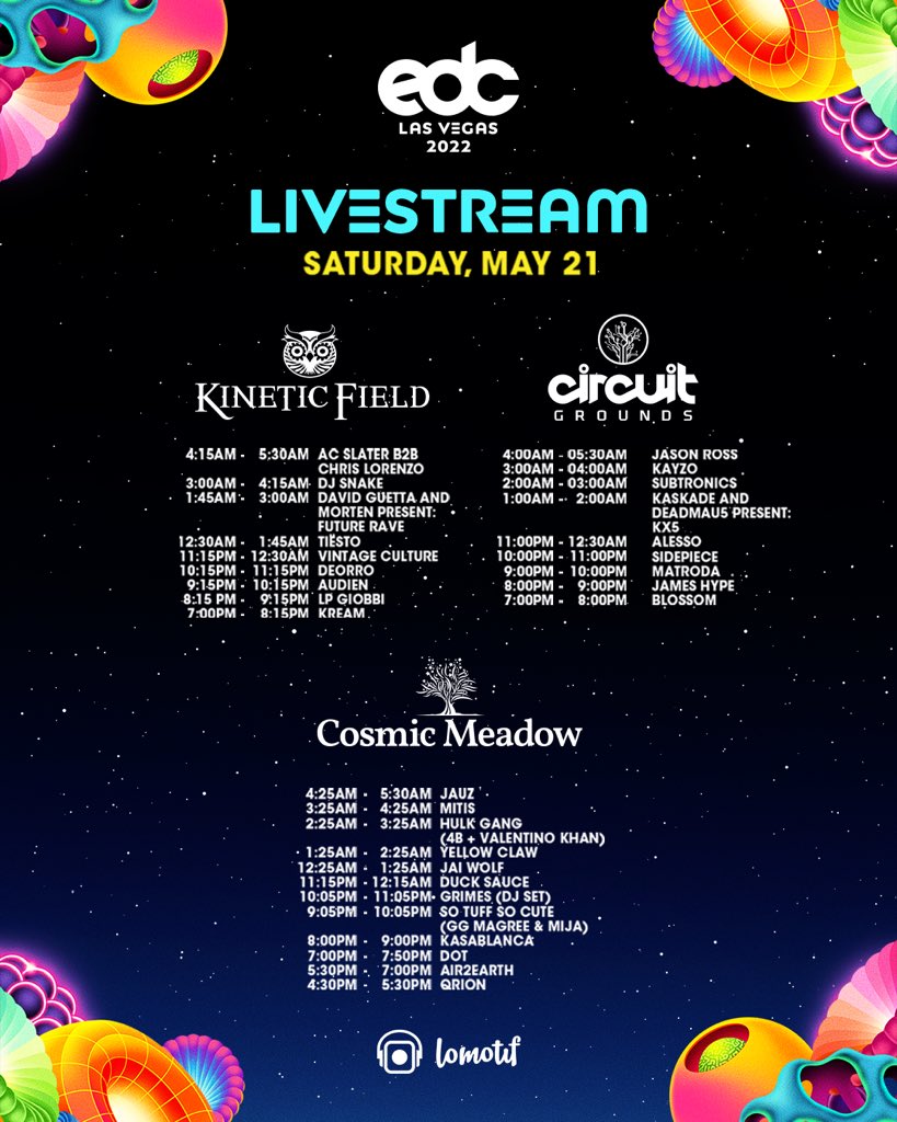 Check out the set times for Day 2 of the Official #EDCLV2022 Livestream!🎆✨Tune in HERE! → tv.insomniac.com