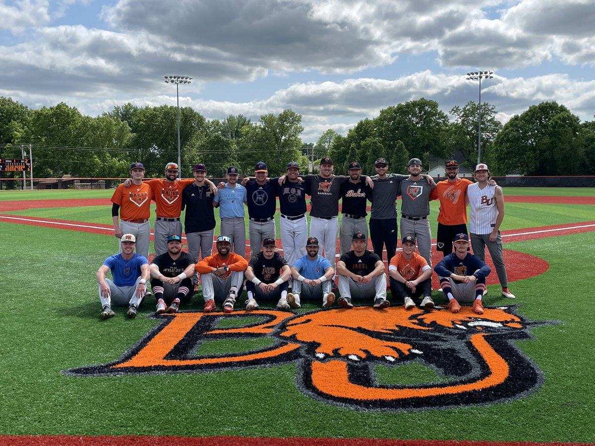 BakerUBaseball's tweet photo. What a awesome day seeing all these guys again.  Each of them have impacted our program in so many positive ways.  It was great to see them all play again but for the 1st time on the field that they helped to get built. https://t.co/NriIM5SIdU