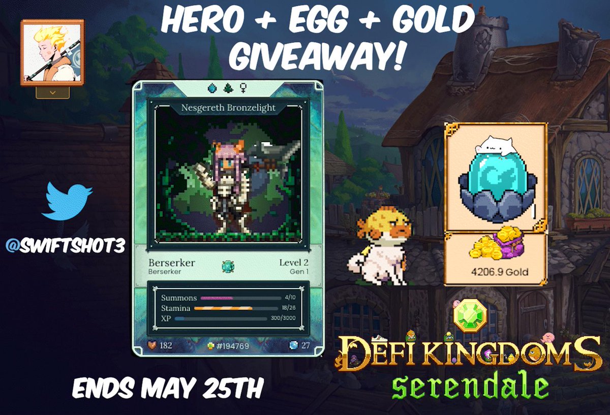 As you may know, DFK duel and PETS are just around the corner. Therefore, I'll be giving out a Berserker hero and a Blue EGG to commemorate this event.

Steps:
- Follow @DefiKingdoms and <a href="/DefiKingdomsES/">DefiKingdomsES</a>
-Follow <a href="/SwiftShot3/">Swifty 🔥</a>
-Tag 3 friends and Like/retweet!
#DeFiKingdoms #DFK #AVAX