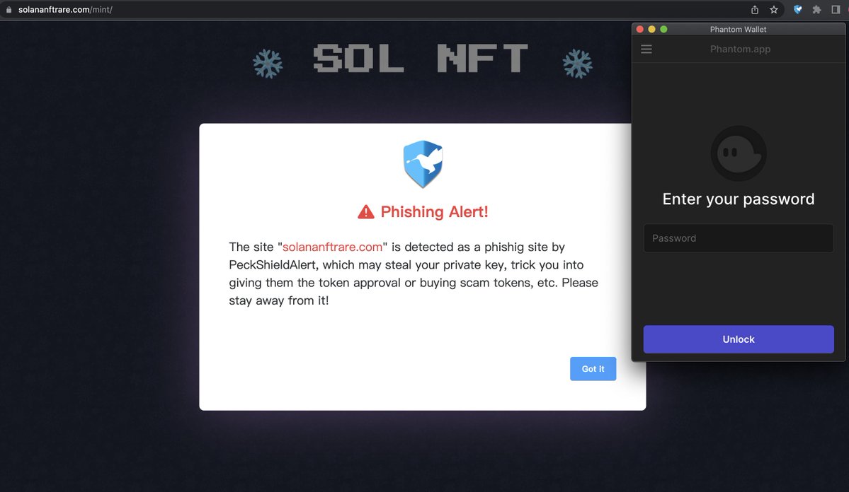 PeckShieldAlert's tweet photo. #PeckShieldAlert #phishing PeckShield has detected solananftrare[.]com is a phishing site. Do *NOT* connect your @phantom wallet! @solana community share to raise awareness. https://t.co/OrvFLgBsEO