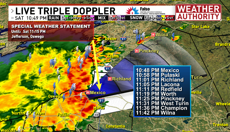 CNYCentral's tweet photo. SPECIAL WEATHER STATEMENT for WIND GUSTS up to 40 MPH in N. Oswego county until 11:15 PM.

Expect HEAVY RAINFALL, frequent cloud to ground LIGHTNING &amp; possible small hail.

Meteorologist @JoshKozlowskiWX has a LIVE RADAR update on NBC3 news @ 11 with @ConorWightTV &amp; @ALeggardTV https://t.co/2qXAoFNdBg
