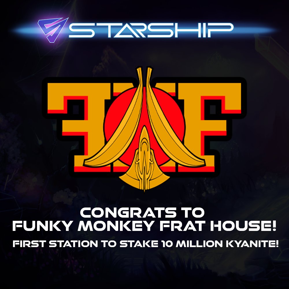 DeployStarShip's tweet photo. We'd like to give a congratulations and a thank you to @FunkyMonkeyFH, who are the first station to stake 10 Million Kyanite!

Join the party, send your ships over to the Funky Monkey Frat House Space Station and celebrate!

Play the StarShip #NFTGame: https://t.co/vR8Cn5IQsU https://t.co/iq9UI7OYak