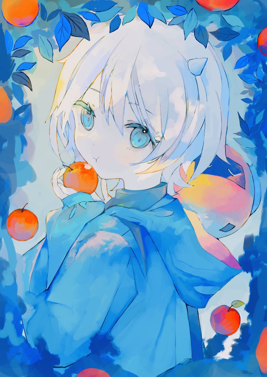 food fruit hood blue eyes solo looking at viewer horns  illustration images