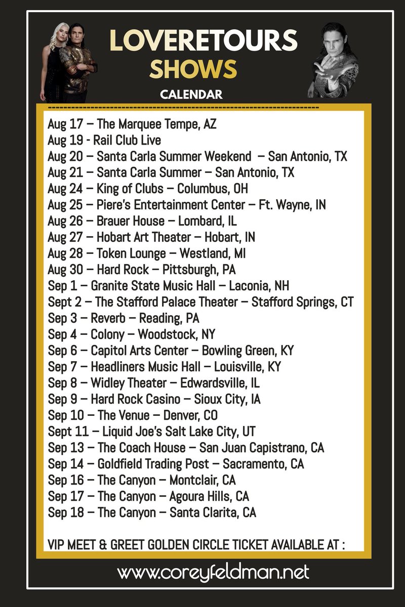 Corey_Feldman's tweet photo. #LOVERETOURS MY 1ST BRAND NEW #LIVE TOUR OF THE USA IN 5 YRS IN SUPPORT OF MY NEW ALBUM #LOVELEFT2 #ARMMEWITHLOVE &amp; #BOXSET #LOVELEFT2_1 IS COMING THIS SUMMER! 5 NEW D8S HAV BEEN ADDED SO PLEASE CHECK IT OUT! #VIPGOLDENCIRCLE AVAIL ONLY @ https://t.co/o0lQ497DNY https://t.co/4mSaOIRJ62