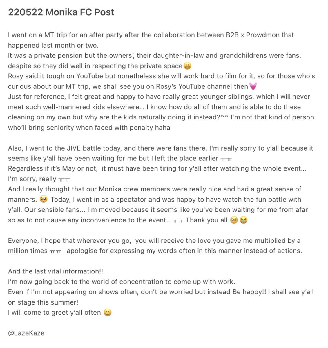 LazeKaze's tweet photo. [TRANS] 220522 Monika Fancafe 

TLDR: 
- Prowdmon &amp; B2B went for a short holiday trip together together with some of her friends 
- Vlog will be released on Rosy YouTube
- the S in her Shin = being sorry 24/7
- Not gonna appear on shows often 
- SUMMER STAGE !!!! 🤯🥳 https://t.co/4z2mVwEULK