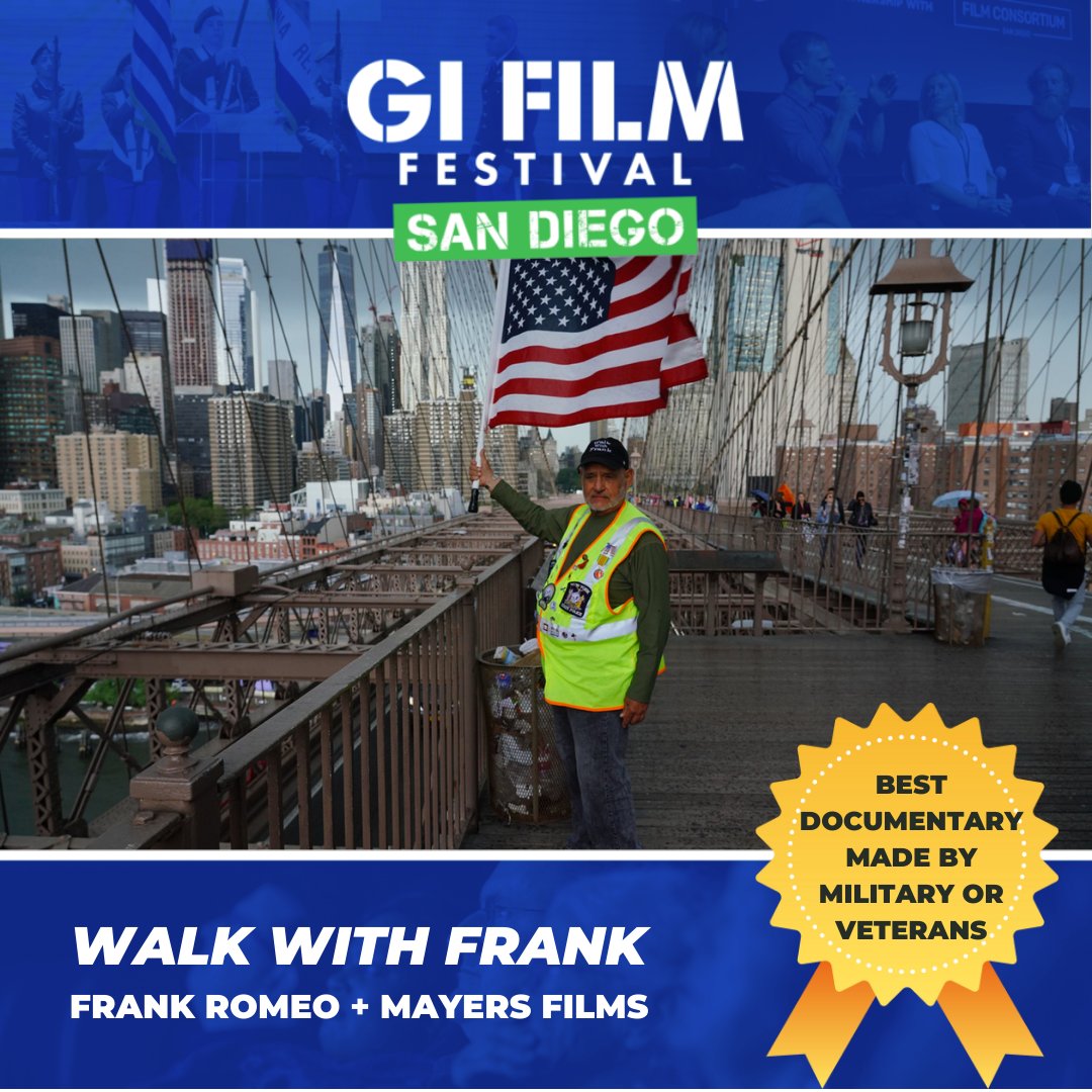 GIFilmFestSD's tweet photo. 🏆Best Documentary Made by Military or Veterans at the #GIFilmFestSD 🏆
"Walk With Frank"
Frank Romeo
Mayers Films @MayersFilms @walk_with_frank @WalkFrank1
https://t.co/f1kHtREktd https://t.co/tp23czX7Om