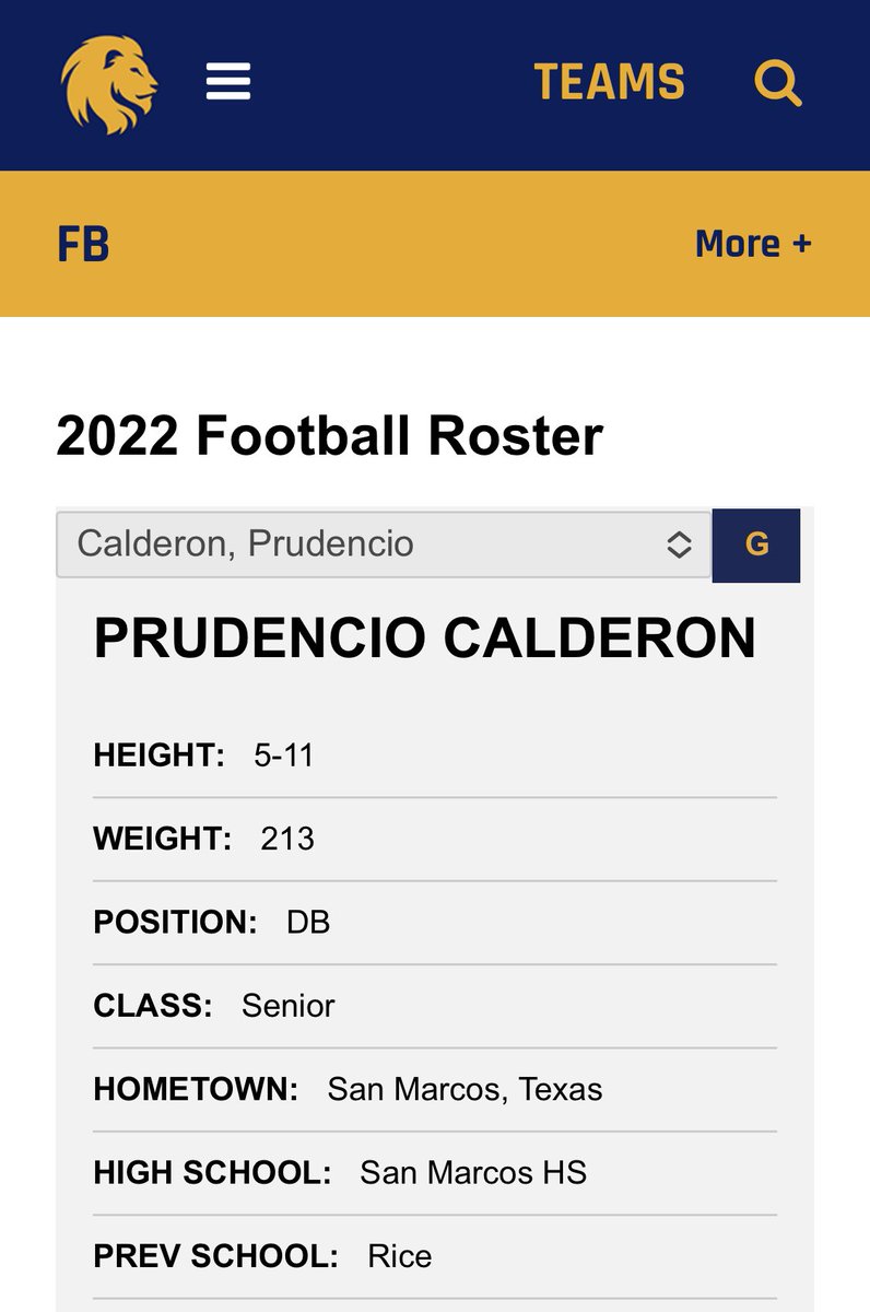 NIL_Apparel_LLC's tweet photo. Safety Prudy Calderon is officially listed on Texas A&amp;M Commerce roster. The Lions have secured arguably the best coverage safety in the portal providing the secondary with 19 career pass deflections. Calderon reunites with Coach Bailiff who originally recruited him to Rice. https://t.co/1PeoLh1zvN