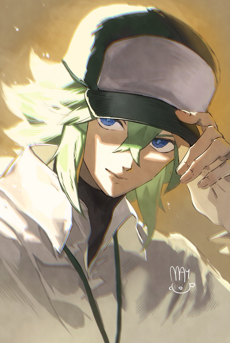 n (pokemon) 1boy male focus solo green hair hat shirt blue eyes  illustration images