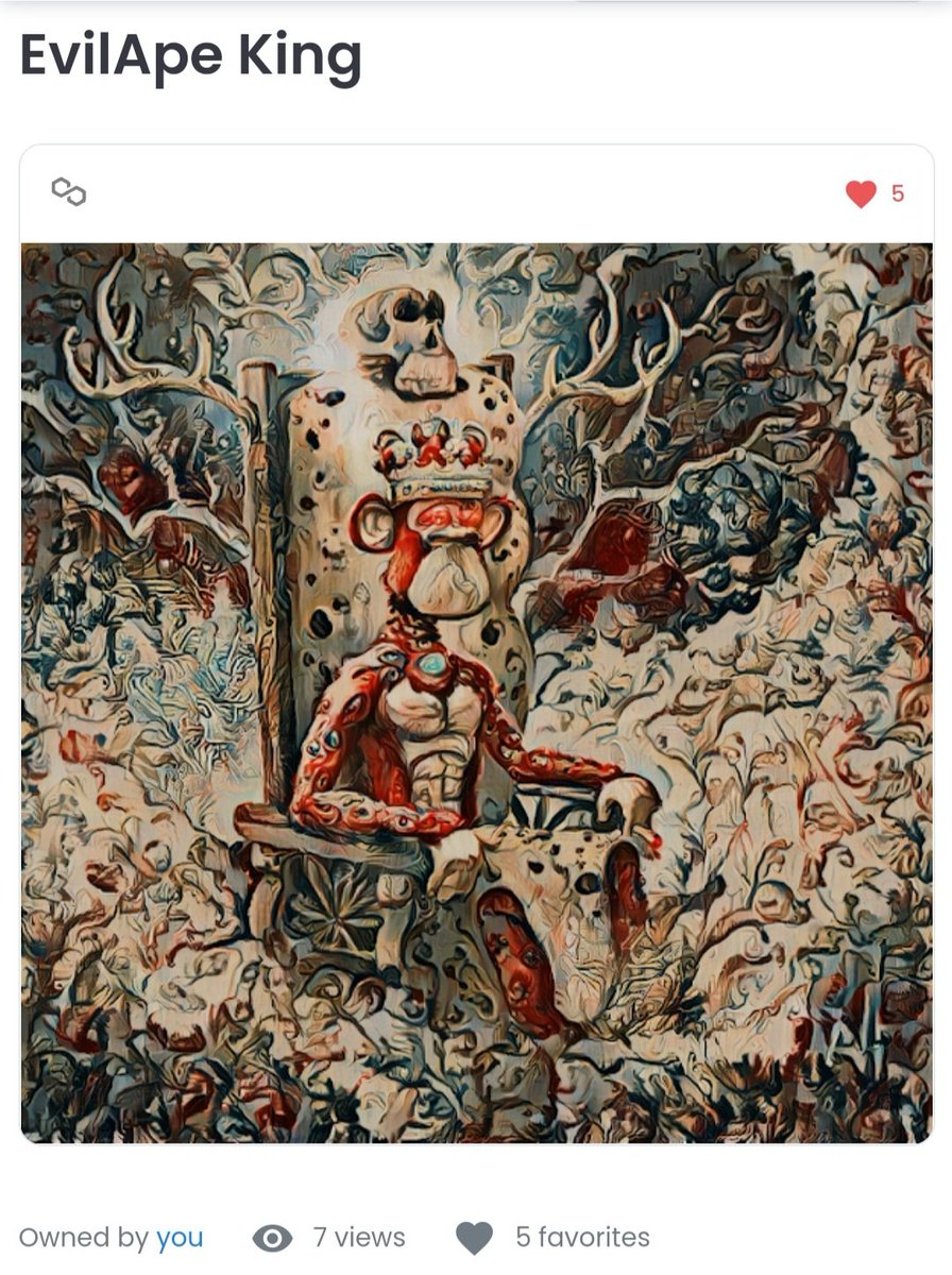 EvilApe King 
Price -$0.24 Polygon
Opensea Link- opensea.io/assets/matic/0…
#NFTCommunity #NFT #NFTMarketplace #NFTdrop #NFTartists #NFTCommumity #NFTshill #nftarti̇st #nftart #opensea