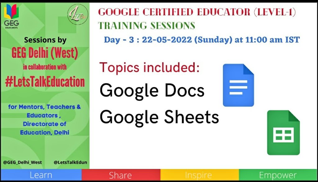 'Google Docs &amp; Google Sheets' are very useful google tools, which we use in our day-to-day collaboration work.

In our 'Decoding Google Certification' series, we'll discuss "Google Docs &amp; Google Sheet" today.

Happy Learning...
<a href="/LetsTalkEdun/">#LetsTalkEducation </a> <a href="/GEG_Delhi_West/">GEG Delhi (West)</a>

DM for details-
