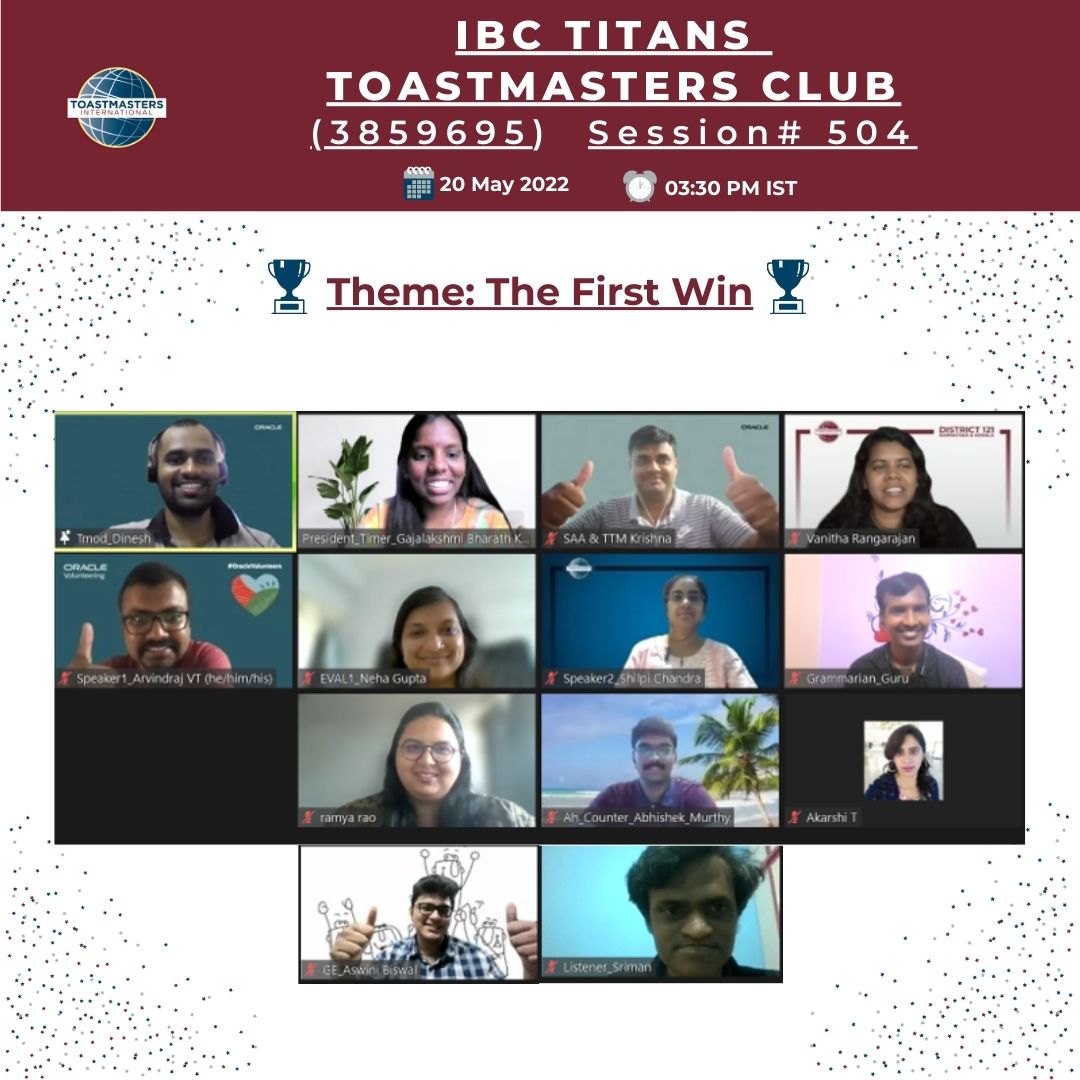 IBCTitans's tweet photo. Congrats
Best TAG RoleTaker: TM Guru
Best RoleTaker &amp; TableTopics Speaker: TM Dinesh
Best Speaker: TM Shilpi
Best Evaluator: TM Neha

#toastmaster #toastmasters #toastmastersinternational #publicspeaking #whereleadersaremade #leadership #international #speaking #confidence #bhfyp https://t.co/eOMelc1e5P