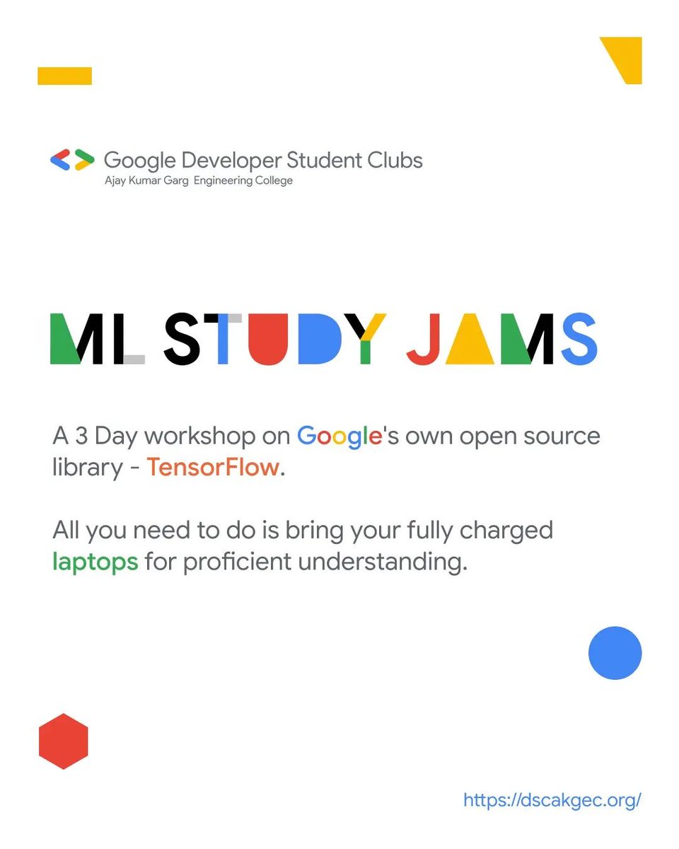 gdg_akgec's tweet photo. Wanna be a part of one of the fastest-growing technology ?
We bring you 'ML Study Jams', where you can learn about the basics of Machine Learning but get a hands-on-experience on Google's own open source library 'TensorFlow'.
Register here
https://t.co/n0u3hmRsyx
See you there! https://t.co/R6gpPfbQ7H