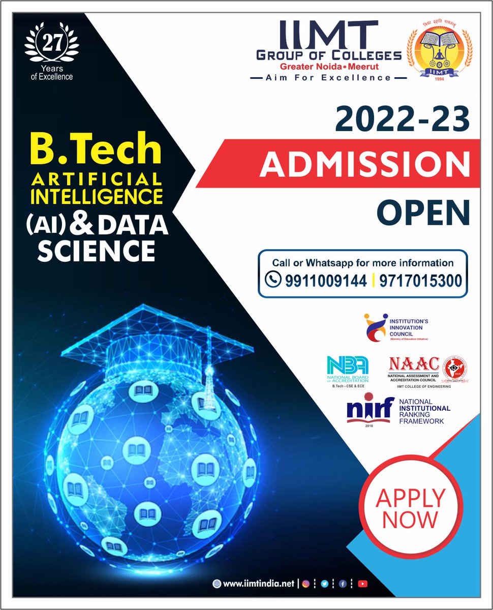 iimtnoida's tweet photo. "Your First Step Towards Your Dream"
Admissions Open for Session: 2022-23
Apply Now!
.
https://t.co/UOh7RIbr6l
Call Us: 9717015300, 9911009144
.
#ArtificialIntelligence #AdmissionOpen2022
#DataScience #BtechAI #BtechDataScience
#EngineeringCollege #AKTUadmission #btechadmission https://t.co/yg7CGixzgs