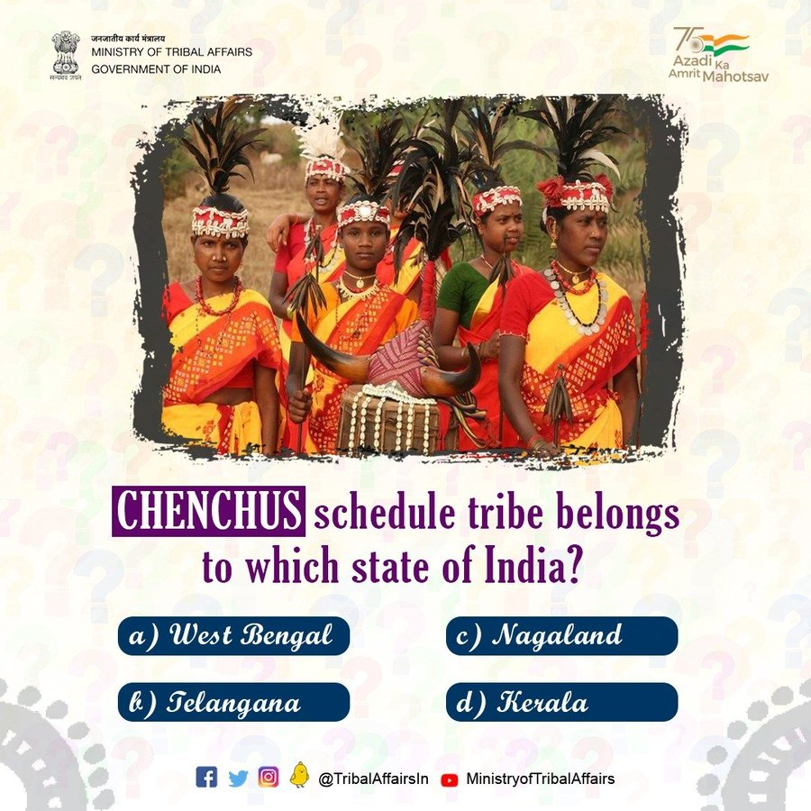 TribalAffairsIn's tweet photo. Test your knowledge with our Famous Tribal Quiz!🚨
Chenchus' schedule tribe belongs to which state of India?
a) West Bengal
b) Telangana
c) Nagaland
d) Kerala
#QuizTime #Tribals #Chenchus https://t.co/oW5haWiM6h