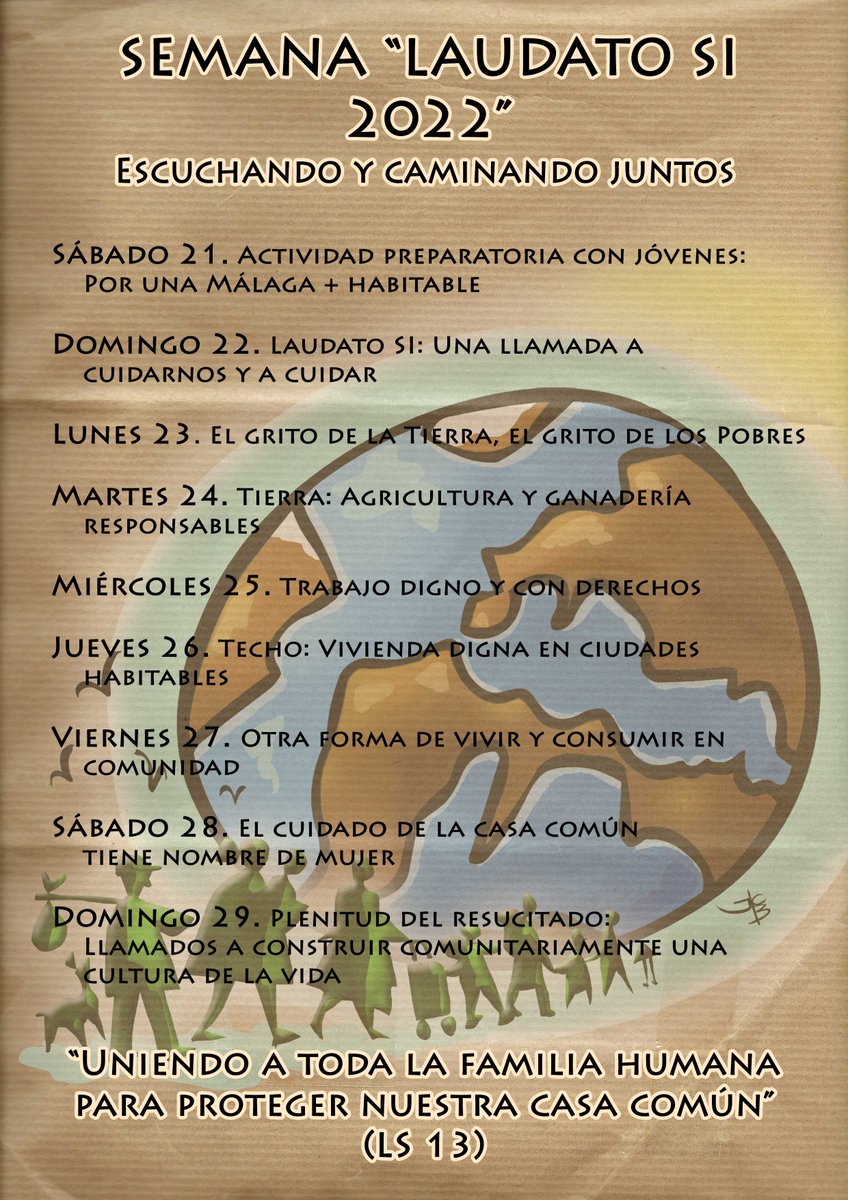 Domingo 22 de mayo: Laudato si: Una llamada a cuidarnos y a cuidar
“No hay dos crisis separadas, una ambiental y otra social, sino una sola y compleja crisis socio-ambiental” (LS 139) #PapaFrancisco 
#LaudatoSi #LaudatoSiWeek <a href="/HOAC_es/">HOAC ‏ن #IglesiayMundoObrero</a> <a href="/DiocesisMalaga/">Diócesis de Málaga</a> <a href="/DASMALAGA/">Apost. Segl. Málaga</a> <a href="/PastoralUMalaga/">PastoralUniversitariaMálaga</a>