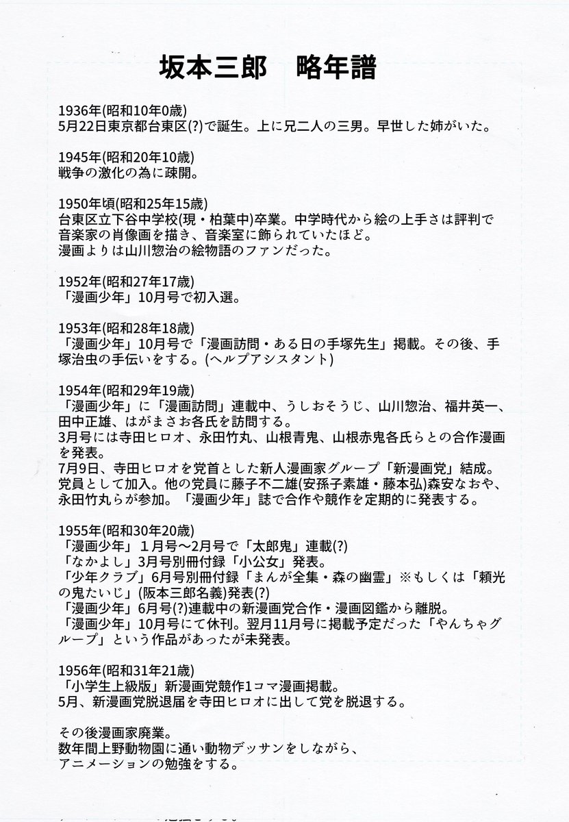 本日5/22は第一次新漫画党メンバーの漫画家•アニメーターの坂本三郎先生のお誕生日です。

略年譜では1936年生まれと書いてありますが、正しくは1935年生まれ。ご存命ならば87歳でした。

(先程のツイートは生年を間違えた為に削除してアップし直しました)

#坂本三郎
#新漫画党 
