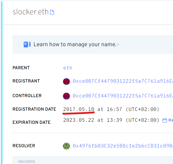 ensgoat's tweet photo. officially my oldest #ensdomain!
spent hours in etherscan to find this little #prepunk gem. It had an "unknown" tag, not anymore π
Safe to stay it really counts as an historical #NFT
@prepunkclub doing an amazing job!
#slocker #ens #ensdomains $ens #web3 https://t.co/4q7nnNCS1K