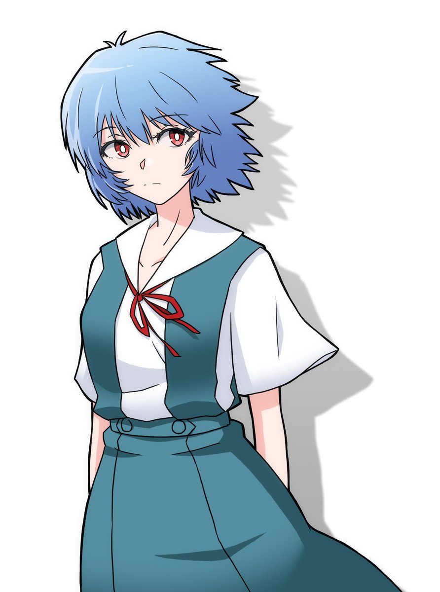 ayanami rei 1girl solo blue hair red eyes school uniform short hair white background  illustration images