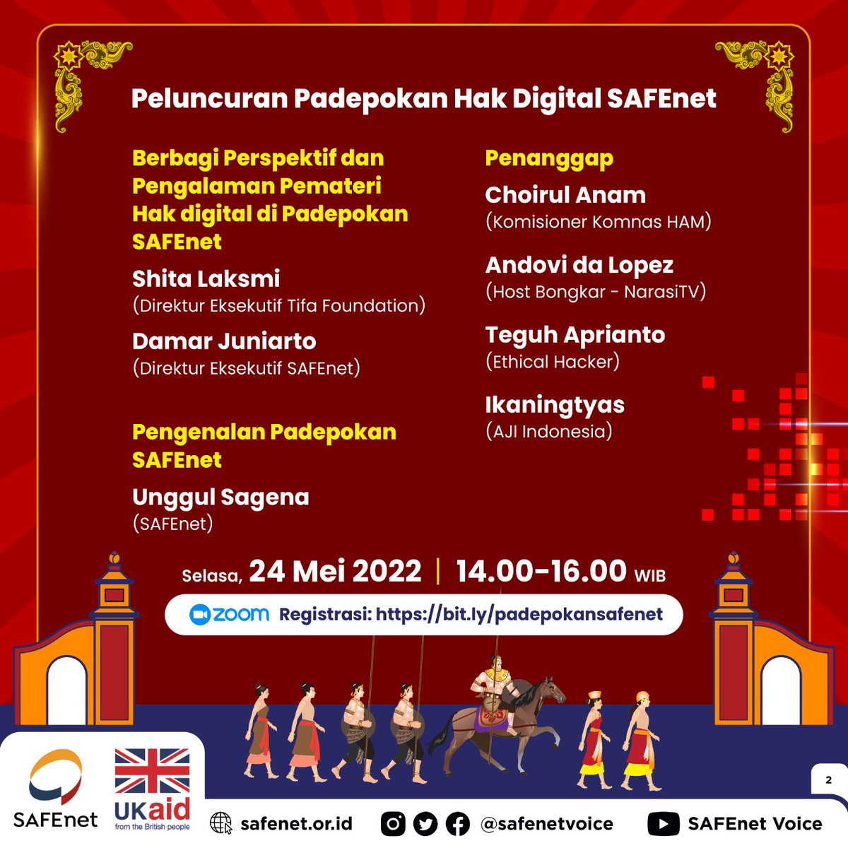 safenetvoice's tweet photo. Peluncuran Padepokan Hak Digital SAFEnet
Selasa, 24 Mei 2022
14.00-16.00 WIB
Registrasi: https://t.co/QPSWqypl0G
Saksikan dan raih kesempatan memenangkan doorprize dan hadiah menarik!
#hakdigital https://t.co/8flwuTVEbp