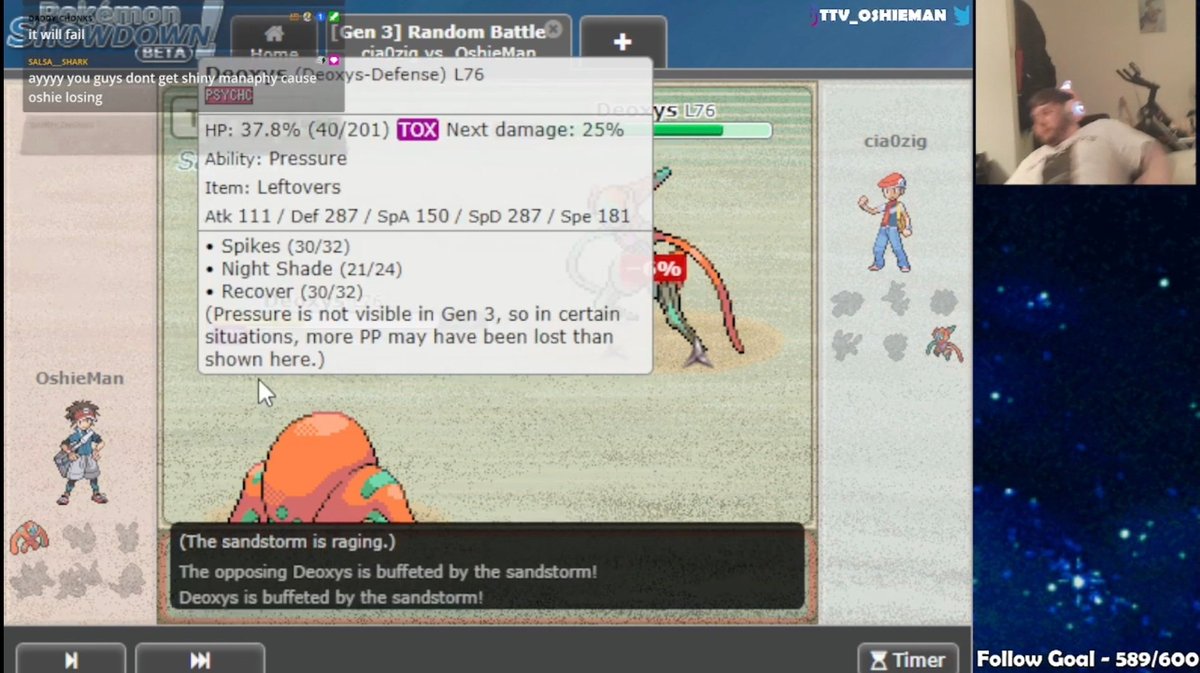 OshieMan's tweet image. Tfw your opponent whips out a last minute pocket Deoxys during a drunk giveaway stream, and you almost fall out of your chair LIVE 🤡

#pokemon #livestreamfail #pokemonshowdown