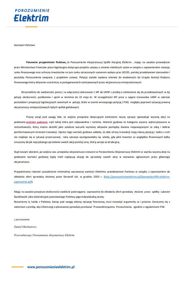 PAE_Elektrim's tweet photo. Informacja Przewodniczącego PAE skierowana do akcjonariuszy #Elektrim SA.
_____________________
Poniżej link do naszego oświadczenia z grudnia 2020. 

Uzasadnienie szacowania minimalnej wartości jednej akcji na podstawie danych z tamtego okresu‼️ 
https://t.co/5yhTElRdFN https://t.co/LQbT3g7Y6b