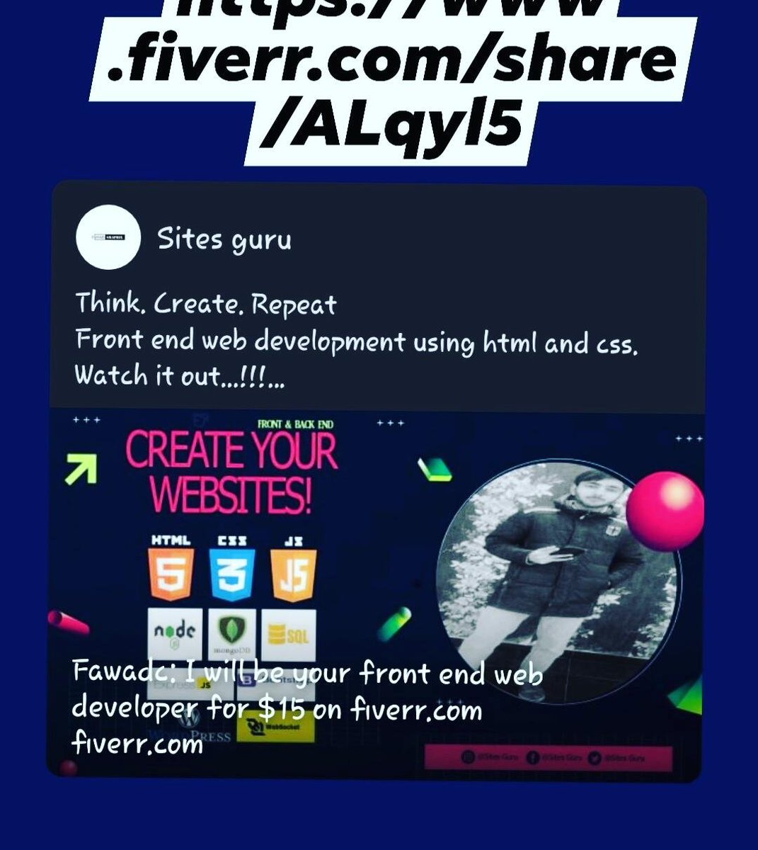 ParhloFawad's tweet image. Think. Create. Repeat
Front end web development using html and css.
Watch it out...!!!
Order Now!  #logosdesign #thinkCreateRepeat #poster #flyer #flyers #htmlcss #htmlandcss #html #htmlDeveloper  #javascript #javascriptdeveloper #javascriptbasics #nodejs 
fiverr.com/share/ALqyl5