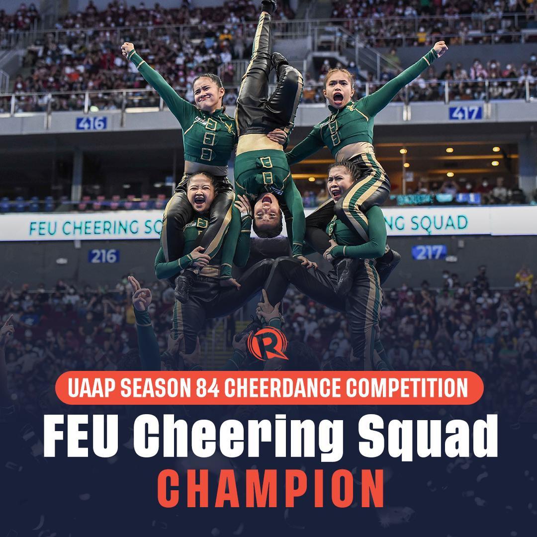 UAAP Season 84 Cheerdance Competition CHAMPION: FEU CHEERING SQUAD! 

This is FEU's first cheerdance title since 2009. Congratulations, FEU! #WeWillRockFEU
 
Photo by UAAP Season 84 Media Team #UAAPCDC2022 #UAAPCDC #UAAPSeason84