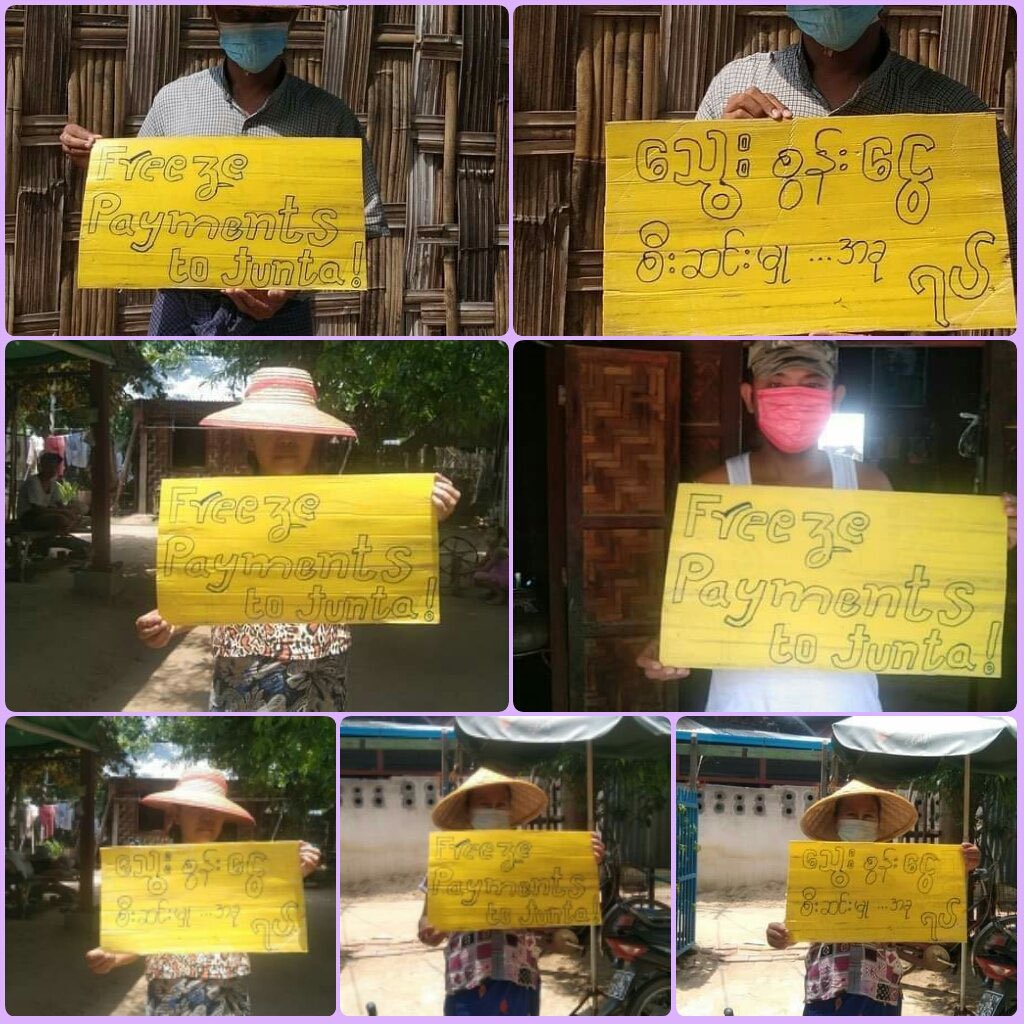 RedAmry's tweet photo. Revolutionary people in a village of ShweBo Township, Sagaing launched a photo campaign urging to stop the flow of blood money of Junta.

#Total_StopSponsoringSAC
#Chevron_StopSponsoringJunta
#KeepInEscrowAccount
#2022May22Coup
#WhatsHappeningInMyanmar https://t.co/NiGUm8MgTb