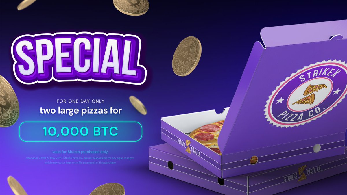 TradeStrikeBVI's tweet photo. Today is Bitcoin Pizza Day! 🍕 What do you think 2 pizzas worth of StrikeX will be worth in 10 years? 🤔

Like, retweet, and comment below for a chance of receiving 2 pizzas worth of $STRX! You never know...

#StrikeX #BitcoinPizzaDay #BTC https://t.co/Dy6OxaOpW3