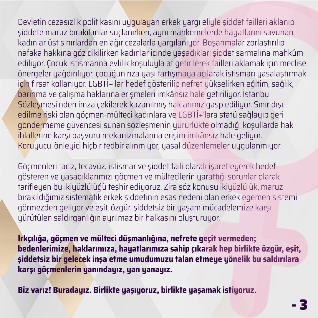 “Kadınların güvenliği” söylemi kullanılarak yaygınlaştırılmaya çalışılan ırkçılığa karşı 700'ün üzerinde kadın ve onlarca kadın örgütünün imzasıyla “Irkçılığın, ayrımcılığın, göçmen düşmanlığının ve körüklenen nefretin değil, göçmenlerin yanındayız” açıklaması yayınlandı. ⤵️